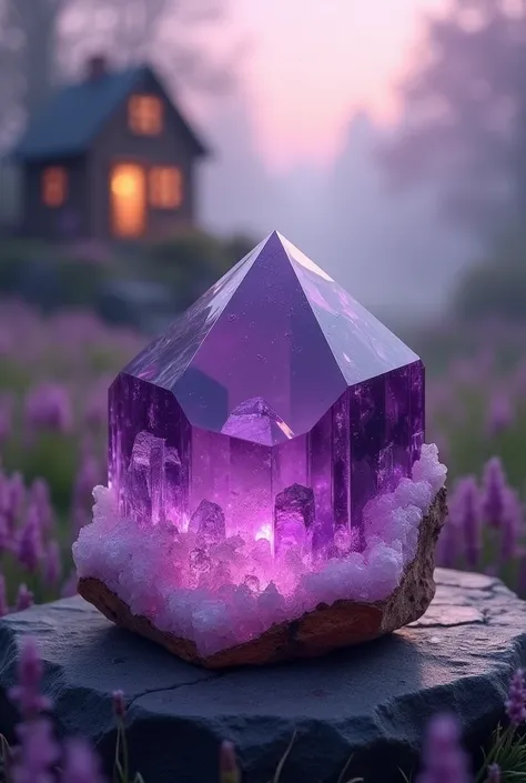 A super beautiful amethyst with a spectacular background not so realistic a little less realistic Less realistic and in the background a house