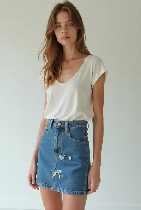 um cropped scandi prep, with a denim mini skirt with minimalist prints