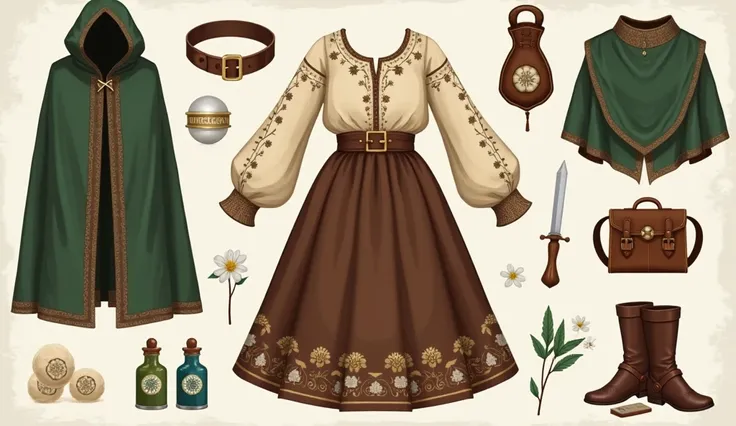 Image is a digital illustration showcasing a medieval-inspired outfit ensemble. The layout is organized with the main dress in the center, surrounded by accessories. The dress features a cream-colored, long-sleeved blouse with floral embroidery on the slee...