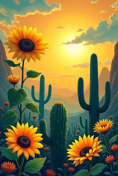  Create a poster image with the theme :  Every divine life ,  precious .
Request:  must have an image of sunflowers  (  that corresponds to optimism ,  directed towards the sun .  As man always turns beautiful values-Life energy. 
 cactus  ( living in the ...