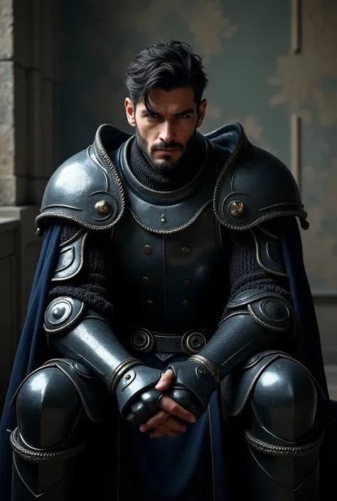 knight,  Dark armor , no helmet, sitting, Handsome guy