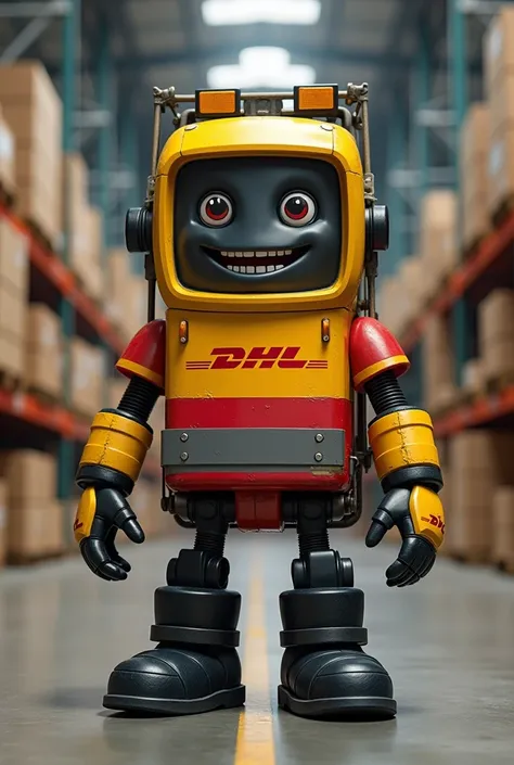 Create a mascot, non-human, in the form of a fork lift. The mascot must show detailed features of the brick and wear the DHL uniform: a shirt that is half yellow and half red, with a gray reflective stripe. It should also wear predominantly black safety gl...