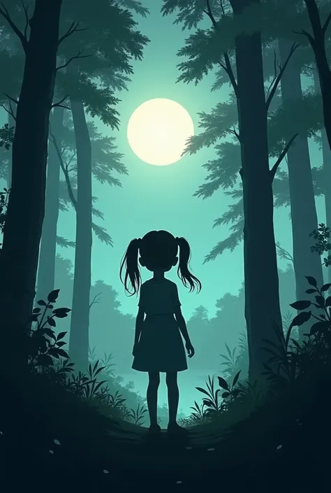 realistic image of the silhouette of a girl with two pigtails on her back in the middle of the forest without animals and with the moon in the background
