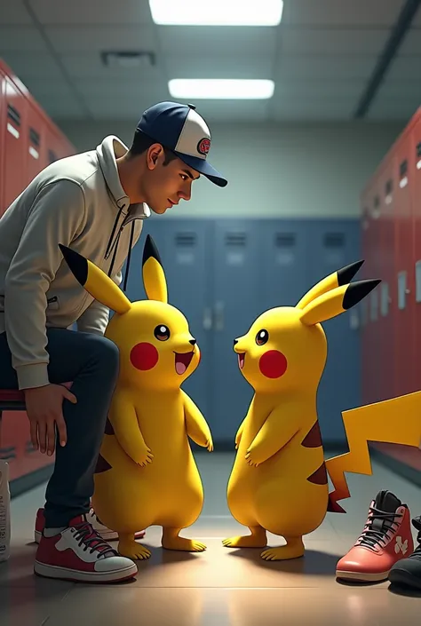 Pikachu with the coach in the locker room