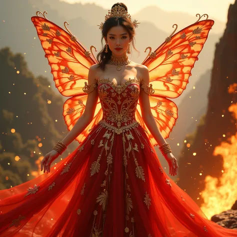 Full body photo object, curvy, payudra besar, woman looking at the camera, 21 year old Asian woman in a fire dress, wearing ornate clothes, an elaborate fire dress, in the middle of the Merapi mountains, a luxurious dress, an ornate royal dress, an ornate ...