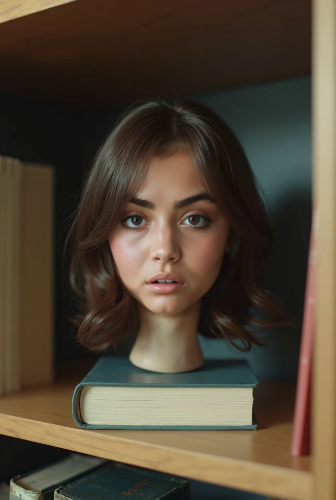 Photo of pretty 25 year old womans disembodied head sitting on top of a book in the lost and found cubby. Brown, medium length hair. Surprised facial expression. Very expressive surprised face. She has a shocked facial expression. Her disembodied head is s...