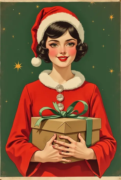 plan large : une jeune femme Châtin claire, les trait fin, visage mince, vêtue dune robe rouge et dun bonnet de père Noël, elle tient un paquet-cadeaux, en souriant. Une gravure inspirée par Coles phillips, comme indice Art Frahm et style leyendeckeret, po...