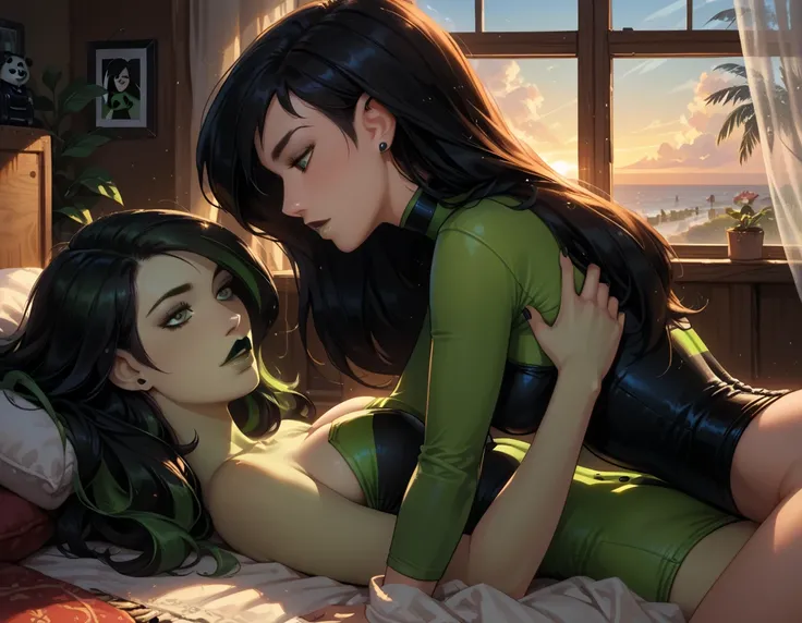 core_9, score_8_up, score_7_up, score_6_up, rating_questionable, 2girls, duo, couple, yuri, beautiful waifu, (Kim Possible:1.4), and her girlfriend (Shego:1.3), (beautiful bedroom:1.4), on the carpet, perfect butt, lesbian sex, romantic, in love, eyes half...