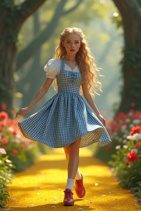 a beautiful young woman with long curly blonde hair, porcelain skin, big blue eyes, small nose, full lips, wearing a blue and white gingham dress, white socks, red ruby sparkling shiny tap shoes, while tap dancing on the yellow brick road, standing in a ma...