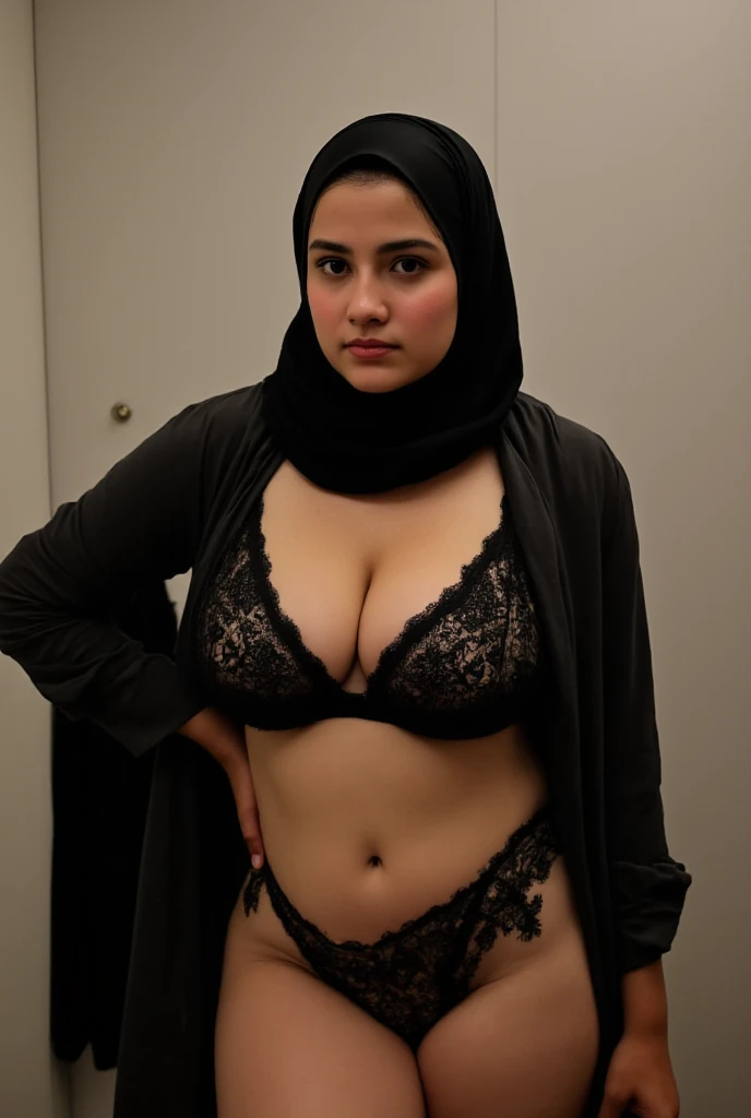 Generates a photograph of a 25-year-old Dutch Arab woman,hijab,thick,standing in a ZARA fitting room, wearing sexy lingerie