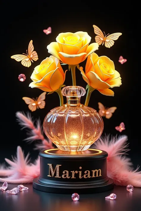 A luxurious and beautiful photo of a perfume bottle, carved in the shape of five captivating yellow roses. The roses are decorated with sparkling Swarovski crystals that capture the light and reflect its brilliance. The transparent pink and brown butterfli...