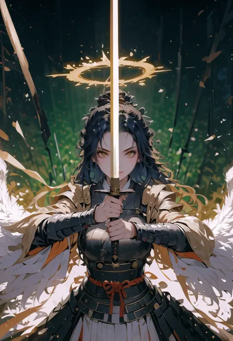 Japanese woman, has a samurai armor with black raven feathers on, ((angel wings)), ((glowing yellow halo over head)), Long black hair and brown eyes, breasts are visible, looks at the viewer, she looks at the viewer pessimistically, Smiles