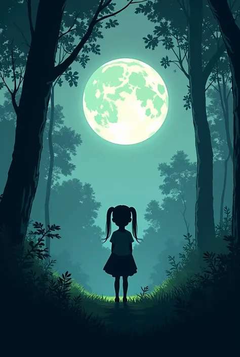 real image of the silhouette of a girl with two pigtails on her back in the middle of the forest without animals and with the moon in the background
