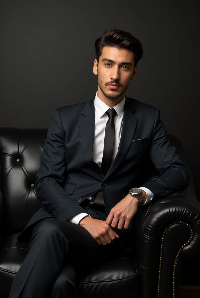  Handsome man ,  Sitting in a black leather chair , Wear a suit，Asian   