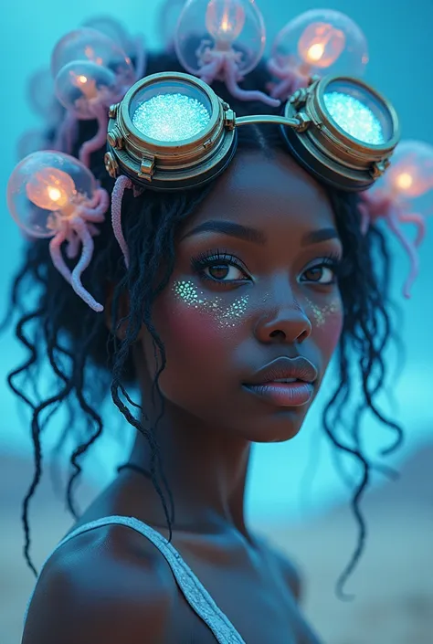  African American woman with gorgeous, ethereal hair,  staring at the camera, Luminescent Jellyfish Tiara .  steampunk goggles merge with translucent tentacles .  cracked porcelain skin meets iridescent scales . Mechanical implants intertwined with delicat...