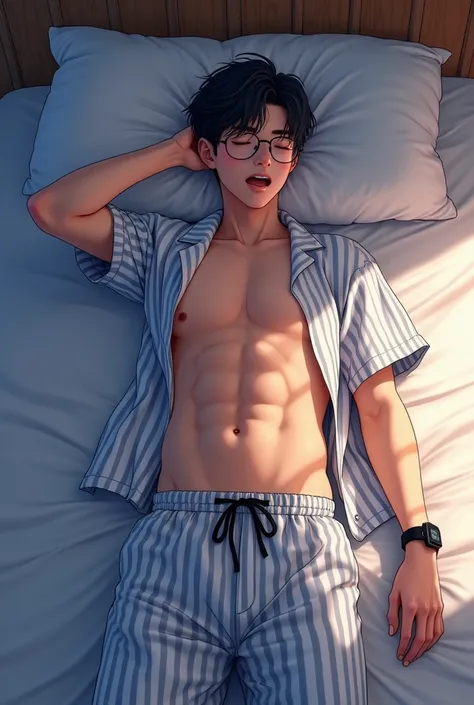  Japanese Anime Picture,  full body image, In the bedroom, 1 man,A handsome, 17-year-old Asian guy with short hair wearing glasses , A man lies on his back on a bed , The men, wearing white pajamas with a whole dark blue stripe, were unbuttoned and unbutto...