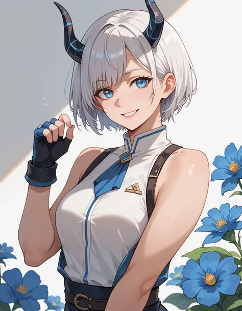  1 girl, Bethel,  blue eyes, Bare shoulders, chest, medium chest,  short hair,  white hair , Hair on one eye, bangs, Gloves,  sleeveless, Alone,  shirt, fingerless Gloves, white  shirt,  sleeveless  shirt,  stretch your back to capture the natural beauty a...