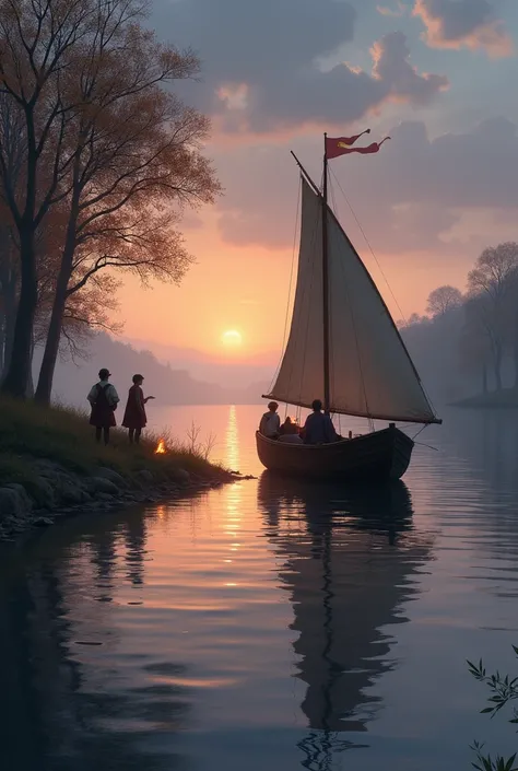 
a river, evening, twilight, picturesque shores ,  a sailing river boat sails along the river , on the far bank, two boys and one girl are making a fire, Middle Ages,  medieval clothing  .