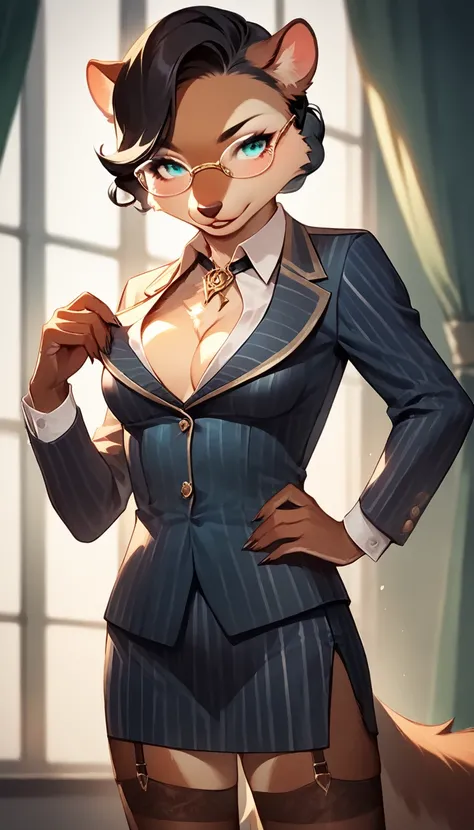 score_9, score_8_up, score_7_up, score_6_up, score_5_up, score_4_up, (solo), female anthro squirrel, mafia suit, secretary outfit, garter belt tights, striped dress, lusty, glasses, fluffy body, black hair, turquoise eyes, (offering the breasts) sex partia...