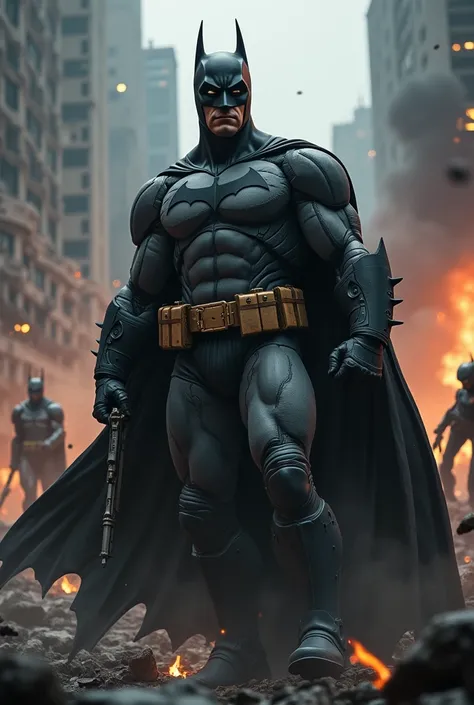 Please create batman Short ratio photo fighting a war with his weapon