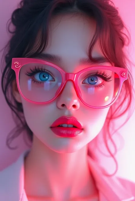 Blue eyes, pink glasses fashioned pink lips, glass lenses and pink background