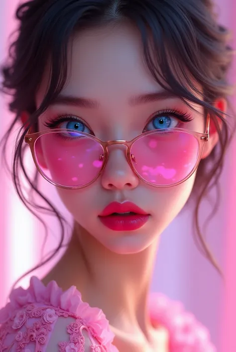 Blue eyes, pink glasses fashioned pink lips, glass lenses and pink background