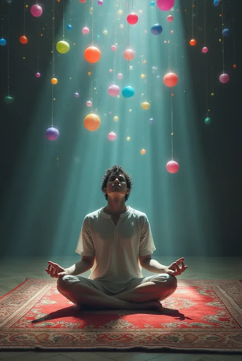 Make me an image of a person sitting on a carpet meditating with colored spheres falling from the sky