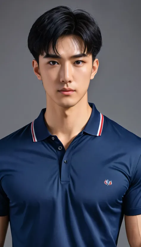 1boy, orimale ,Orimura, black_eyes, black_hair, male_focus, realistic ,  bright eyes  , Short hairstyles, swept up , Beautiful Man  , is muscular ,blood vessel,Broad shoulders,  is wearing a navy polo shirt with short sleeves without a logo and jeans, a ba...