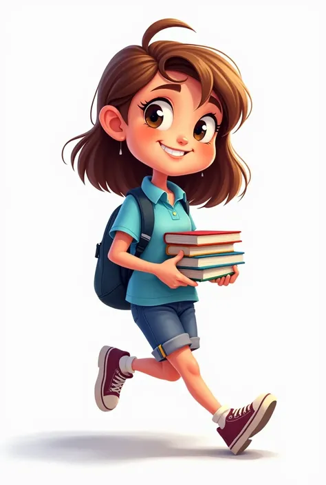 cartoon of teenage student woman in blue polo carrying books on white background