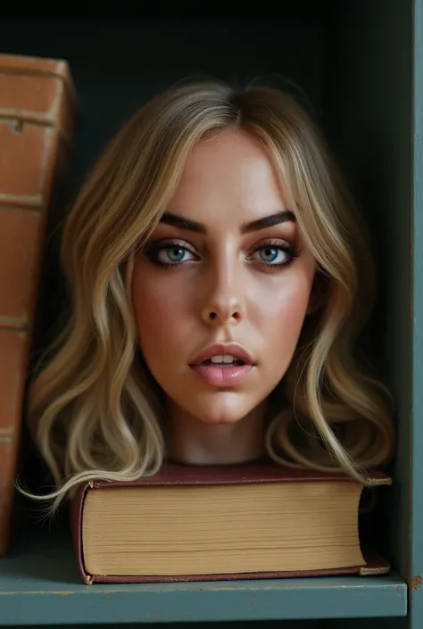 Photo of pretty 25 year old womans disembodied head sitting on top of a book in the lost and found cubby. Blonde, medium length hair. Surprised facial expression. Very expressive surprised face. She has a shocked facial expression. Her disembodied head is ...