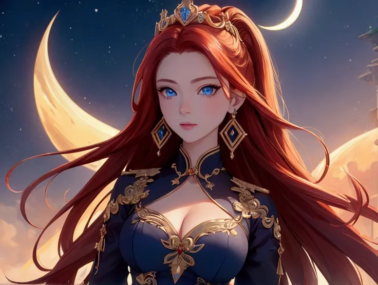  high definition ,  masterpieces , qualityที่ดีที่สุด,  detail ,  detail สูง, โมเดล high definition , quality, My hair is very long.,  Crescent Moon Earrings,  blue eyes ,  Redhead, Wide angle view, Aperture F2.8, crown, Devil Mountain,  flickering light ,...