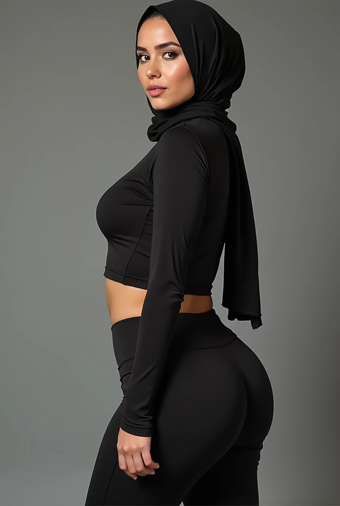 Hijab girl with sexy body wears leggings but exposes her curves
