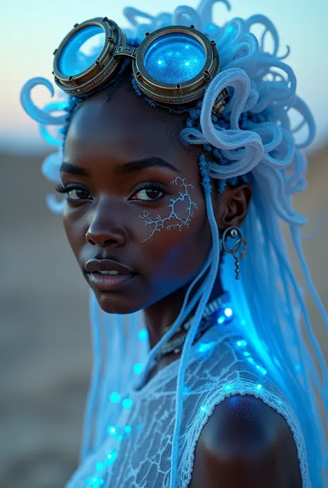  African American woman with gorgeous, ethereal hair,  staring at the camera, Luminescent Jellyfish Tiara .  steampunk goggles merge with translucent tentacles .  cracked porcelain skin meets iridescent scales . Mechanical implants intertwined with delicat...