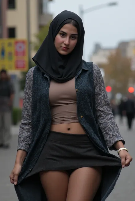 Generates a phorpgraph of a 25-year-old Kurdish woman,hijab,standing in Rotterdam. lifting her skirt revealing underwear