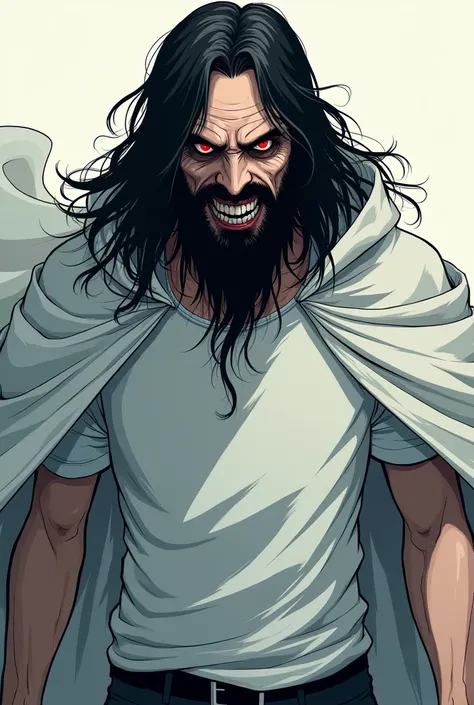 Man with long black hair red eyes and beard wearing white t-shirt and white cape with the face of a psychopath.  anime style 