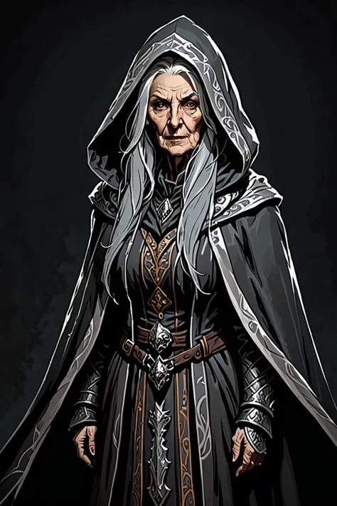 Portrait, Warhammer fantasy, Elderly human woman with grey long hairs hooded behind demaged gray cloak, Darkest Dungeon style with sharp edges
