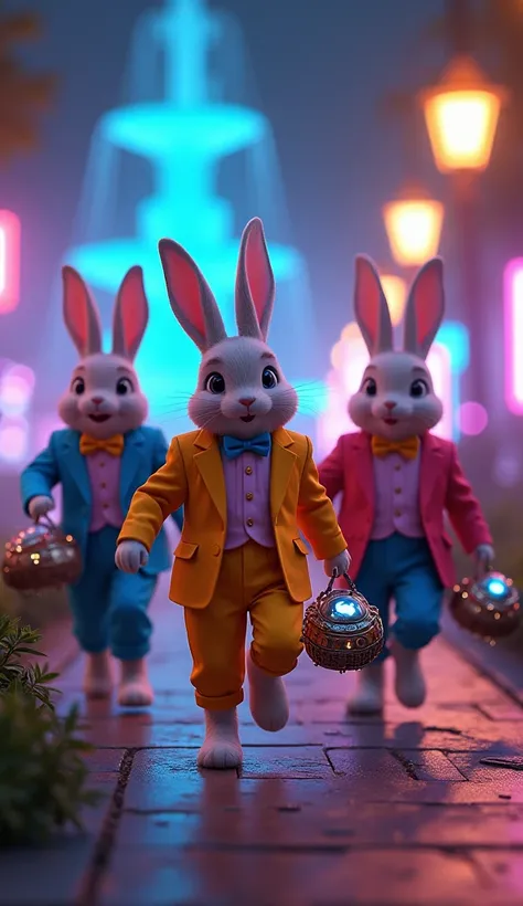 Anthropomorphic rabbits in colorful suits and bow ties, hopping through a whimsical, neon-drenched city park at night. Bright lights reflect off a nearby fountain, and the rabbits carry baskets filled with glowing gadgets."