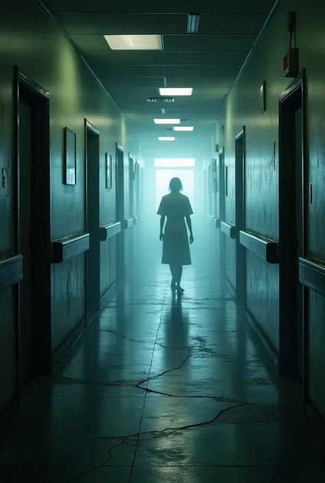 A dimly lit hospital hallway with flickering lights, cracked tiles, and an eerie, chilling mist creeping along the floor. A faint ghostly silhouette of a woman in a hospital gown can be seen at the end of the corridor.