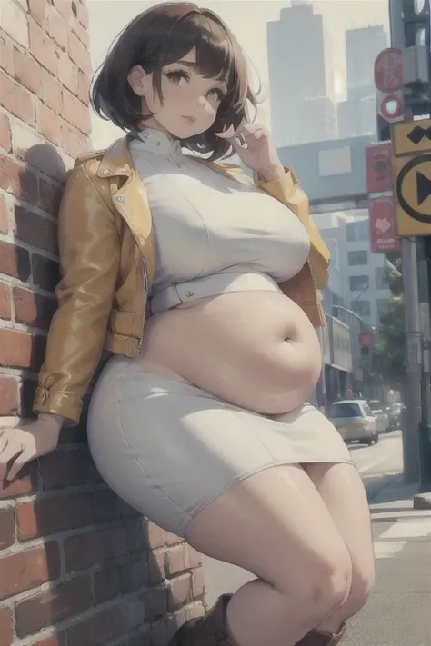 (Best quality), (high resolution), (detailed),1woman, curvy lady, chubby belly, thicc, white dress and yellow pattern, beautiful brown leather jacket, brown leather boots, black bob cut, cute thick lips, thick eyebrows