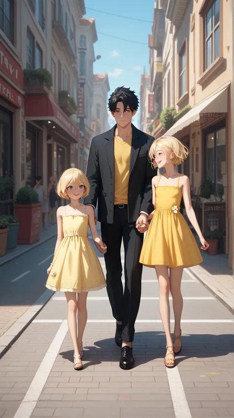 Big man , black hair, and Very tiny girl holding hands, flat chested,HD, Accurate, Best Quality, Short Hair, Hair Between Eyes, Blush, Blonde Hair, , From Side, yellow dress, walking in street, full body in picture,happy, 