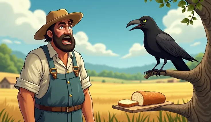 The Farmer’s Frustration
Description: The farmer sits up, realizing his bread is gone. He looks up at Kaku on the branch, who is munching away.
Action: The farmer yells, “You sneaky crow! Your tricks won’t last forever!” Kaku dismisses his anger, feeling p...