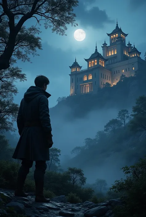 Prompt : A young man dressed in black clothes watches the mountaineers hiding in the bushes near a magnificent palace at night.

