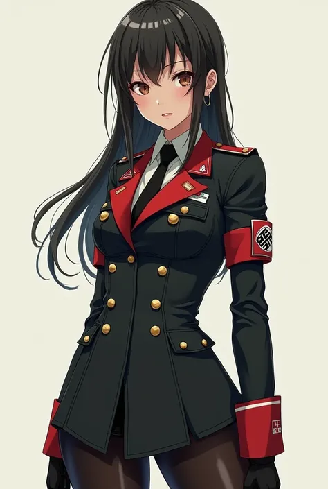  Create an image of an anime-style woman wearing a military costume inspired by the one used by the Nazis during the war. Put special emphasis on the outfit please . Its for a designer job that I was asked to do at work  