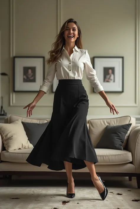 A young business woman, wearing a blouse, long skirt and black high heels, is standing on a couch. Her sharp metal heels are tearing the fabric, she is smiling and enjoying herself 