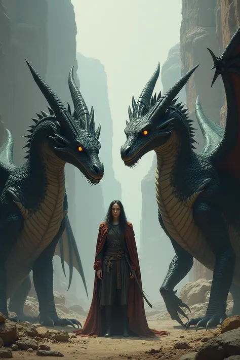 Make an image of me with 2 dragons and me in the middle looking at the camera as if scared but man