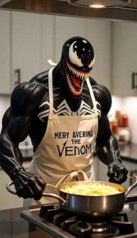 "Venom, the iconic symbiote with a muscular black body, white spider emblem, and sharp teeth, standing in a modern kitchen. He is wearing a lighthearted apron, such as one with a funny slogan or a bright, colorful design, tied securely around his waist. Ve...