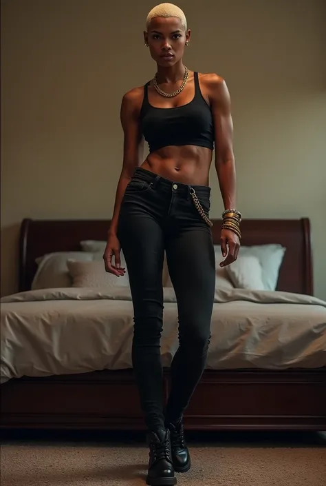 Tall african american alpha female shaved headed stepmom, age 51,height 198 cm, clothing black tank top,tight jeans black,belt buckle,black boots,gold chain,athletic,nice mucles,six pack,big jawline,background bedroom, 