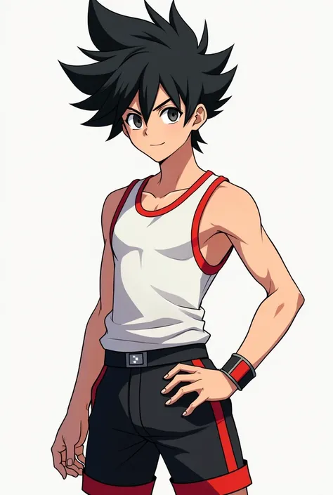 Anime boy with black spiky hair clothes white and black shorts red