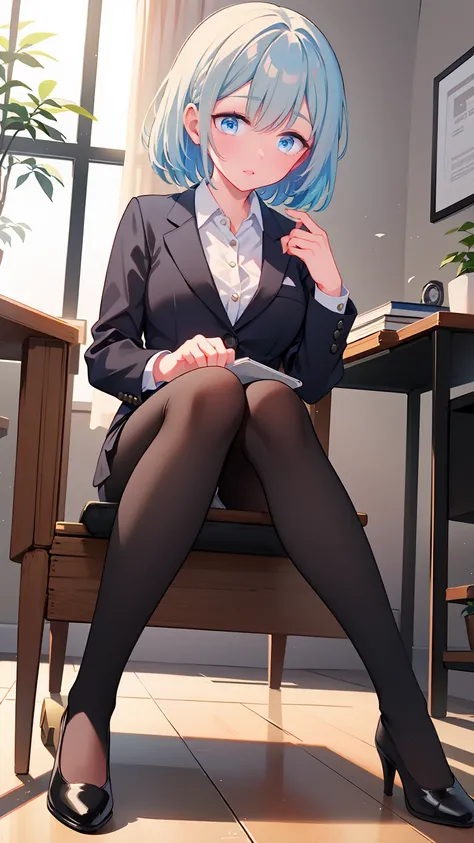 (( best quality)), ((  Masterpiece )), (Familiar with)  perfect face、Adult beautiful woman、 sitting on a chair、whole body, Even your toes, 観客を足元に Look Down、 Look Down、Office Style、 business suit、 black jacket、White open-collar shirt、 black knee-length penc...