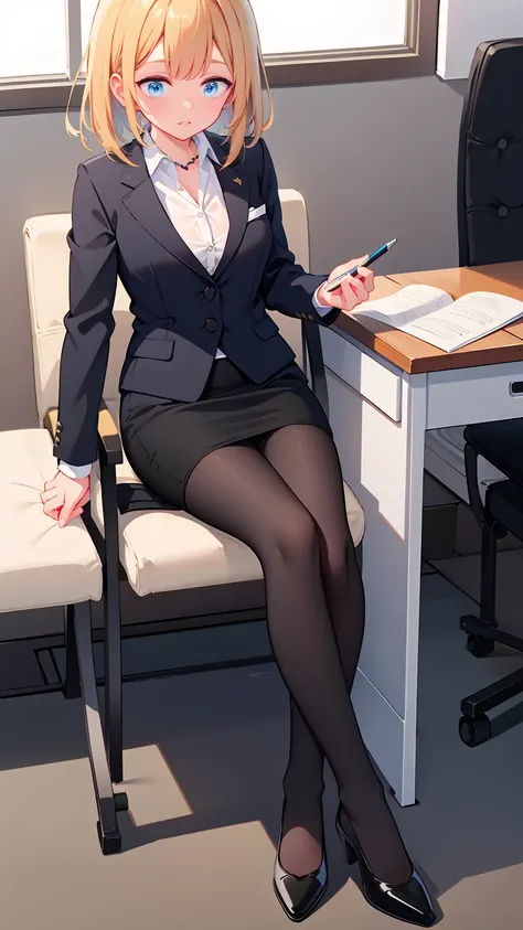 (( best quality)), ((  Masterpiece )), (Familiar with)  perfect face、Adult beautiful woman、 sitting on a chair、whole body, Even your toes, 観客を足元に Look Down、 Look Down、Office Style、 business suit、 black jacket、White open-collar shirt、 black knee-length penc...